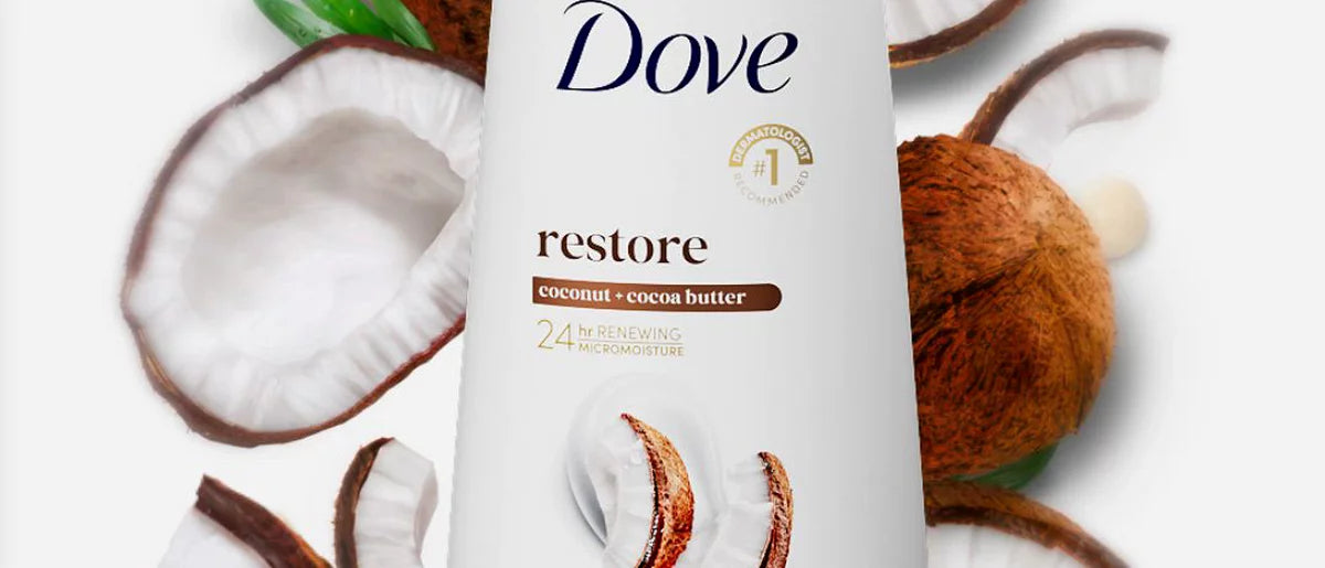 Dove Restore Body Wash Pump - Coconut & Cocoa Butter 24hr Lotion-Soft Skin - Vegan & PETA Approved - 30.6 fl oz
