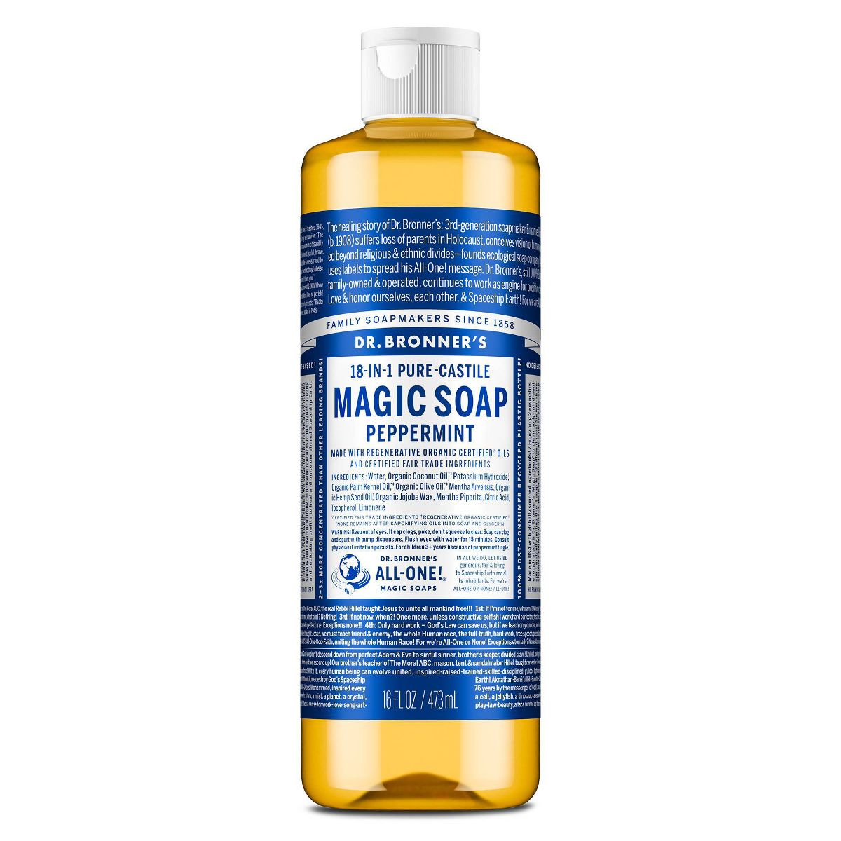 Dr. Bronner's Magic Pure Castile Liquid Soap Bodywash - Peppermint - 16 fl oz
