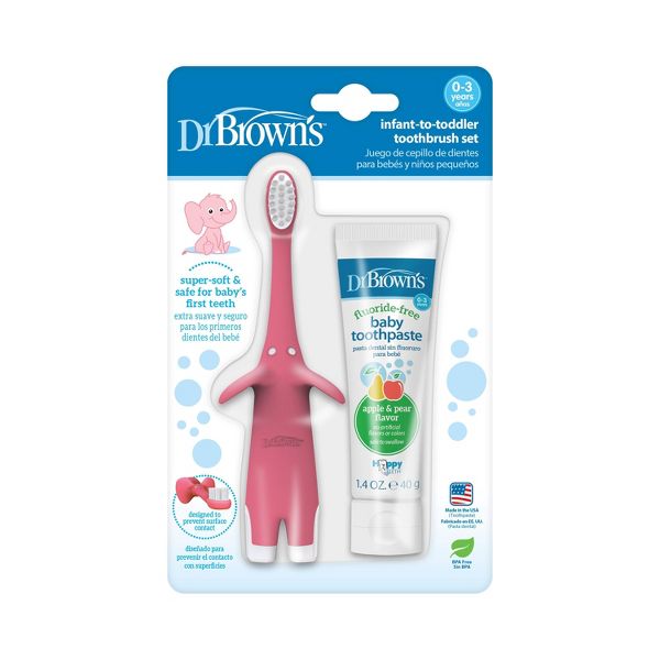 Dr. Brown's Infant-to-Toddler Training Toothbrush & Fluoride-Free Baby Toothpaste Pear & Apple Flavor - 0-3 years - Pink Elephant