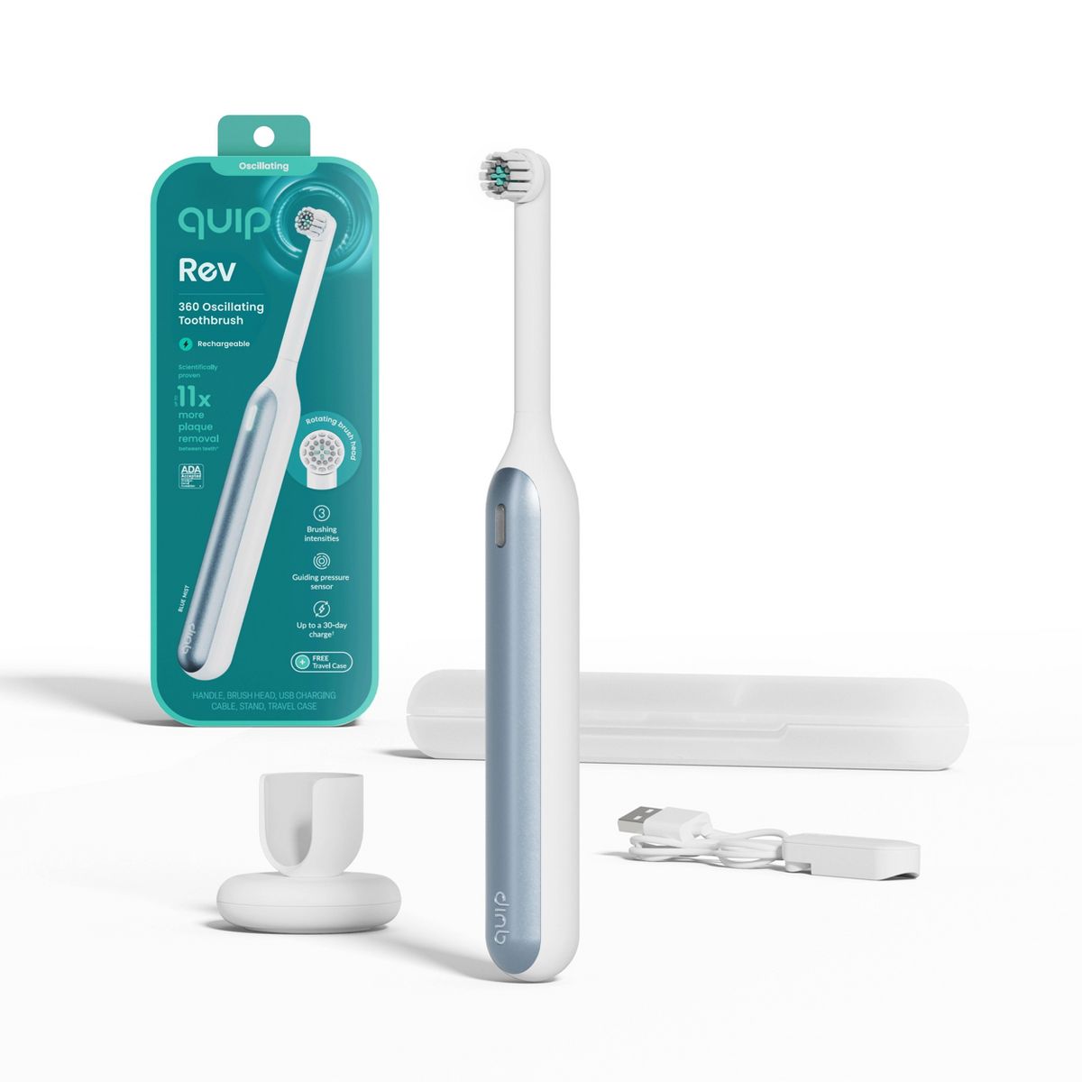 quip Rev Oscillating Rechargeable Electric Toothbrush with Timer Replaceable Brush Head Multiple Modes and Travel Case - White/Blue