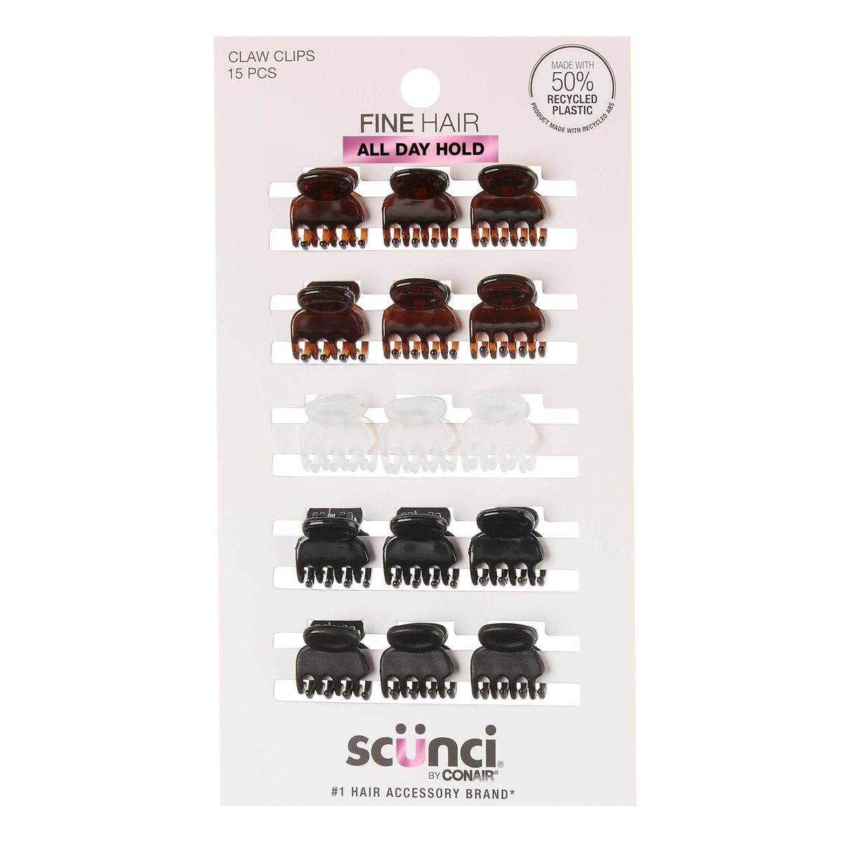 scünci No-Slip Grip Recycled Mini Claw Clips - Mixed Finish - Black/Brown/Clear - Fine Hair - 15pcs