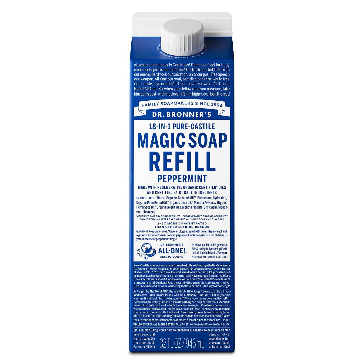 Dr. Bronner's Pure Castile Liquid Soap Bodywash Refill Carton - Peppermint - 32 fl oz