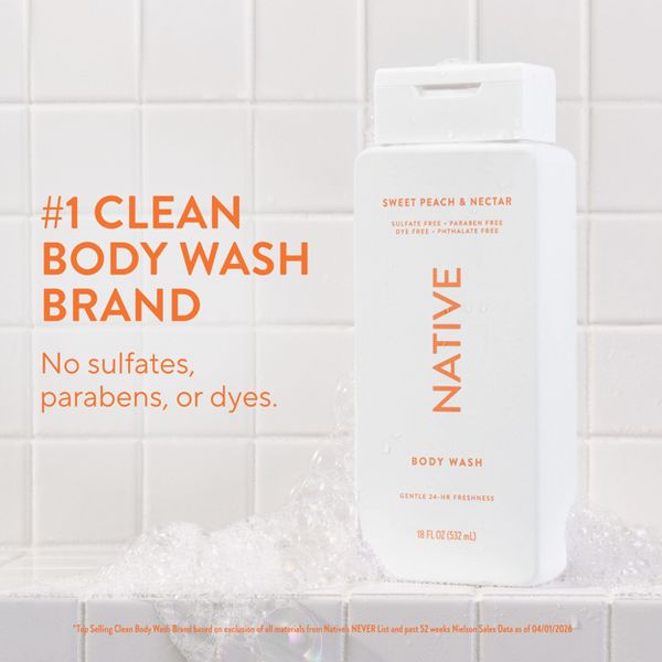 Native Body Wash for Women & Men - Sweet Peach & Nectar - Sulfate Free - 18 fl oz