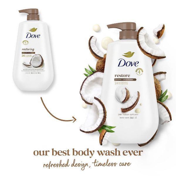 Dove Restore Body Wash Pump - Coconut & Cocoa Butter 24hr Lotion-Soft Skin - Vegan & PETA Approved - 30.6 fl oz