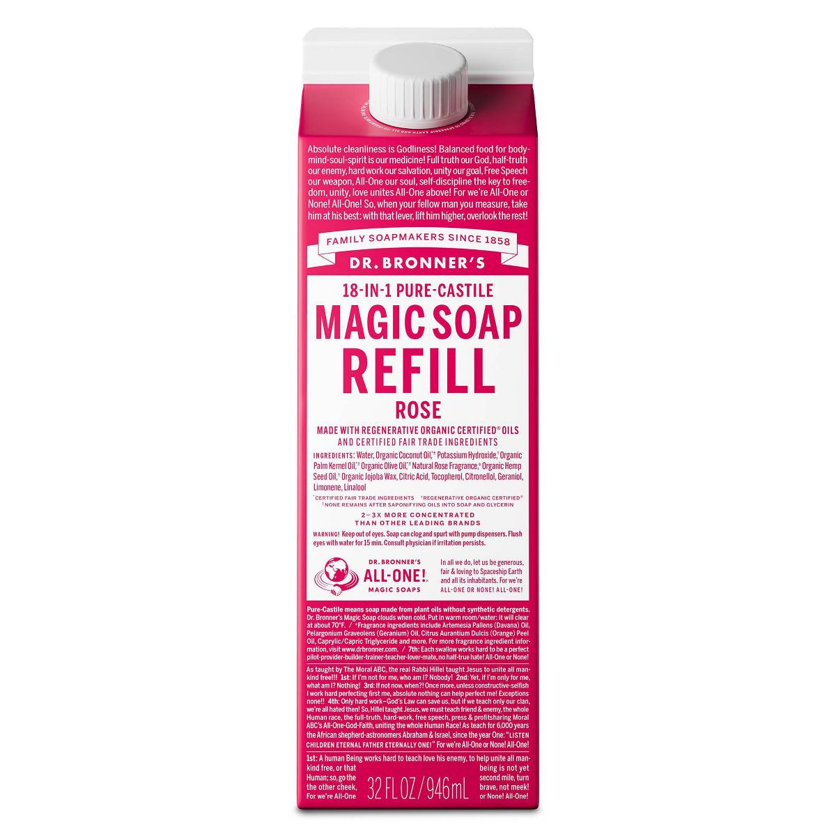 Dr. Bronner's Pure Castile Liquid Soap Bodywash Refill Carton - Rose - 32 fl oz