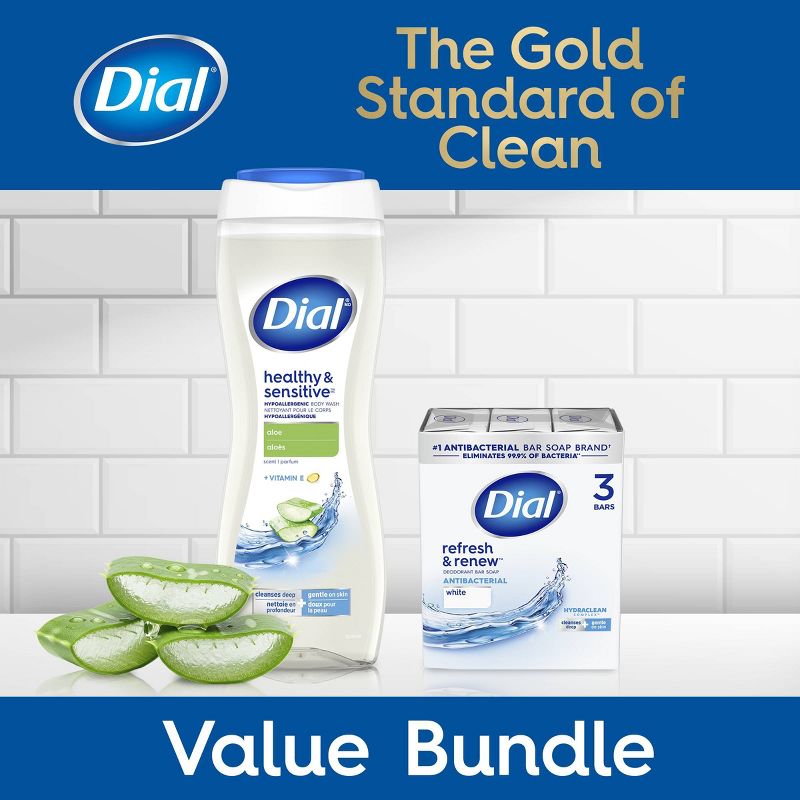 Dial 16 fl oz Clean & Gentle Aloe Body Wash + 3 Pack/4oz Each White Bar Soaps