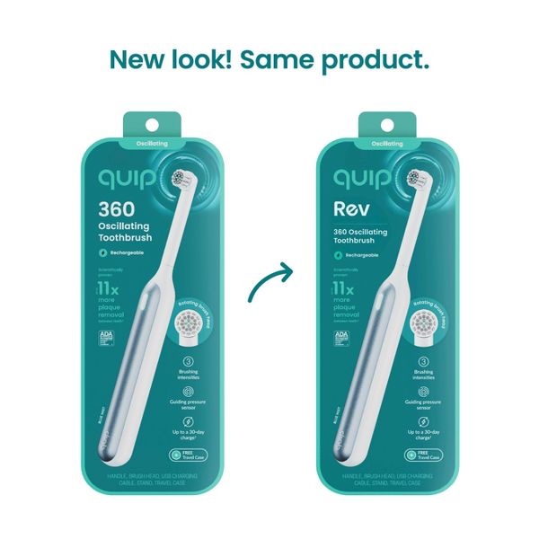 quip Rev Oscillating Rechargeable Electric Toothbrush with Timer Replaceable Brush Head Multiple Modes and Travel Case - White/Blue