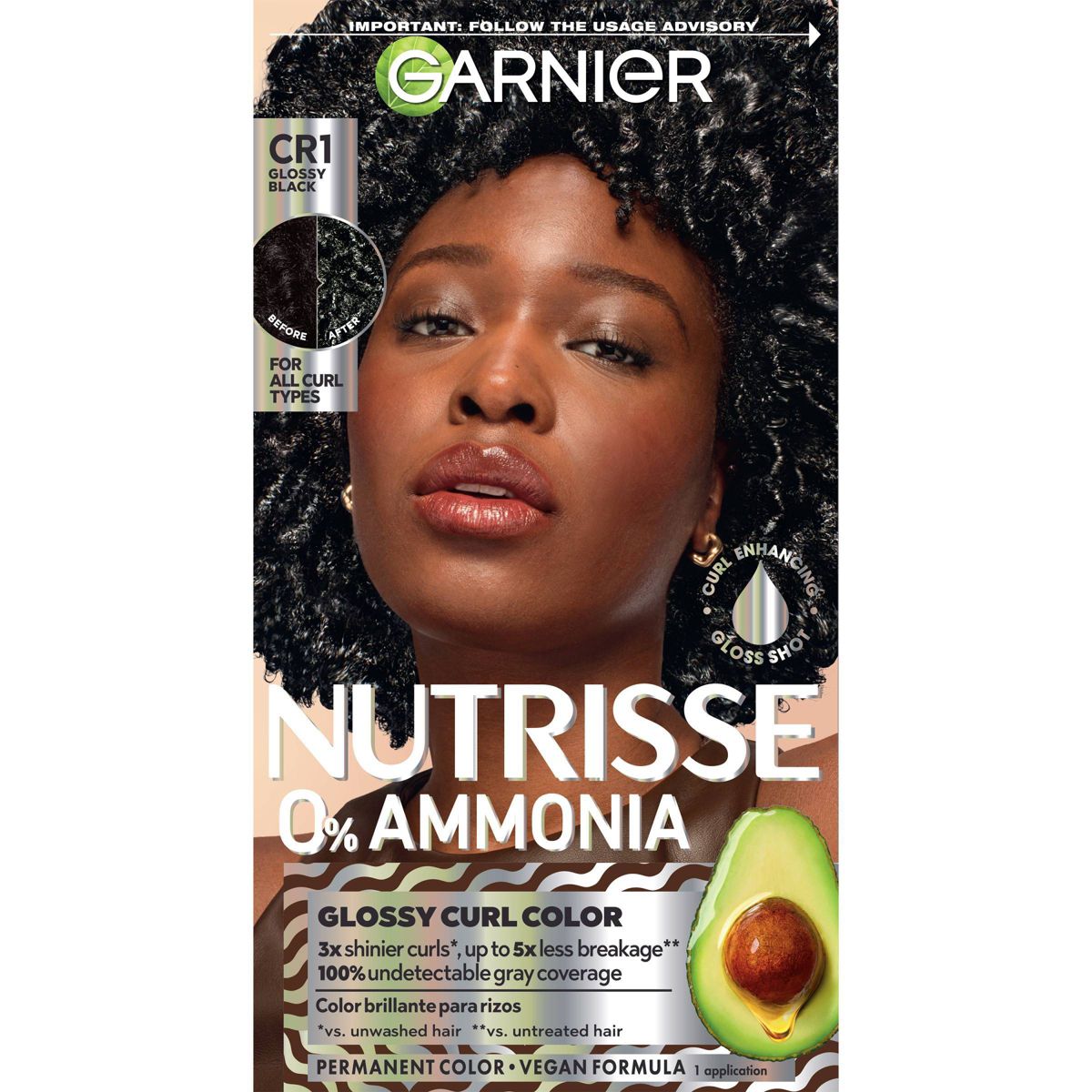 Garnier Nutrisse Curls Permanent Hair Color - CR1 - Glossy Black: Hair Coloring, Contains Vitamin E, With Argan Oil, Includes Conditioner