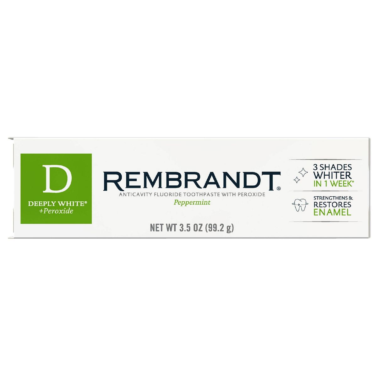 Rembrandt Deeply White + Peroxide Whitening Toothpaste with Fluoride, Removes Tough Stains, Rehardens and Strengthens Enamel - Peppermint - 3.5oz