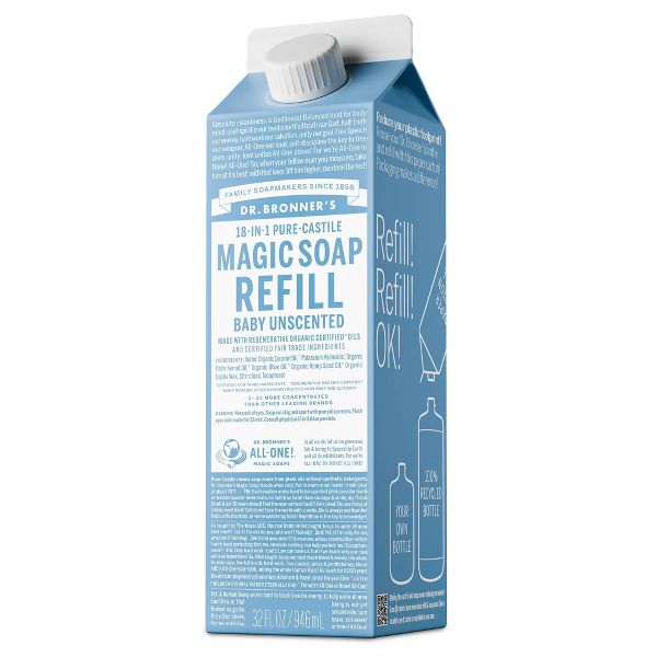 Dr. Bronner's Pure Castile Liquid Soap Bodywash Refill Carton - Unscented - 32 fl oz