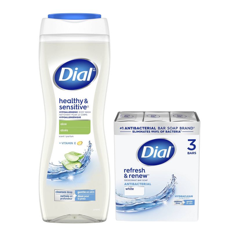 Dial 16 fl oz Clean & Gentle Aloe Body Wash + 3 Pack/4oz Each White Bar Soaps