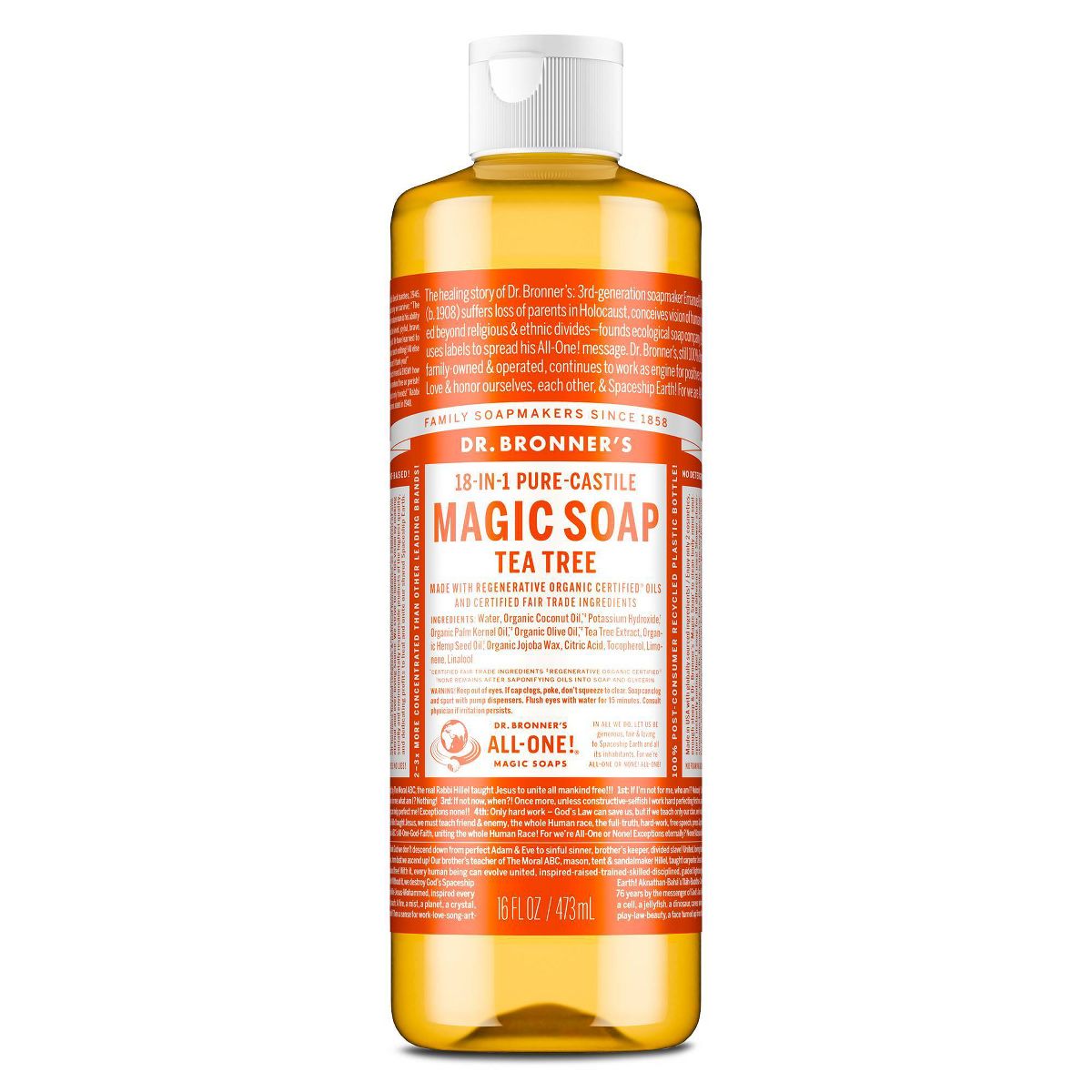 Dr. Bronner's Magic Pure Castile Liquid Soap Bodywash - Tea Tree - 16 fl oz