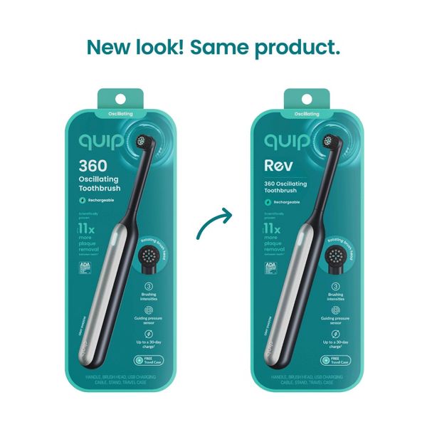 quip Rev Oscillating Rechargeable Electric Toothbrush with Timer Replaceable Brush Head Multiple Modes and Travel Case - White/Blue