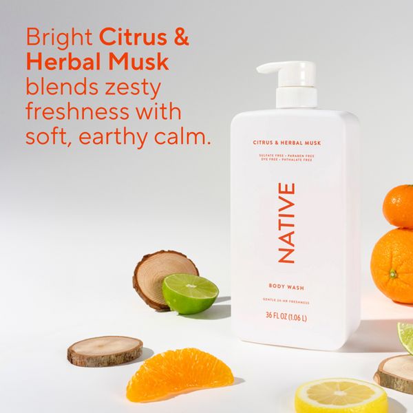 Native Body Wash for Men & Women - Citrus & Herbal Musk - Sulfate Free with Pump - 36 fl oz