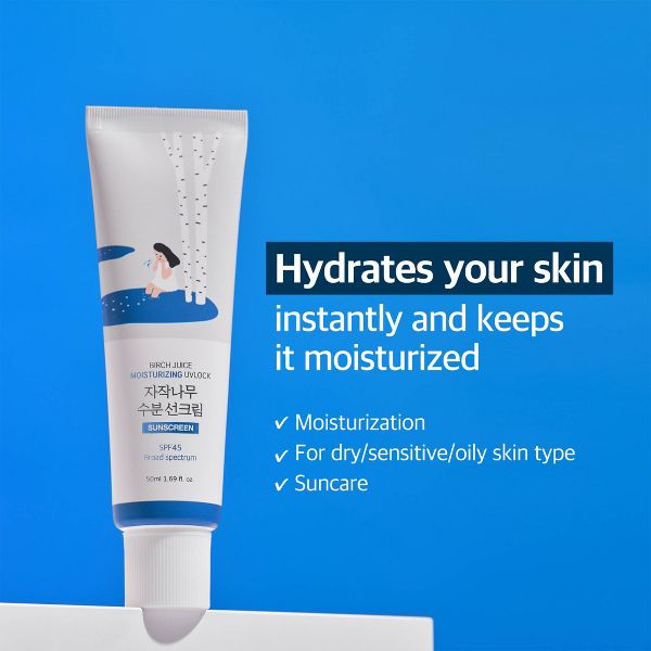 Round Lab Birch Juice Moisturizing UV Lock Korean Sunscreen with No White Cast, Moisturizing, Reef Safe, UVA & UVB Protection - SPF 45 - 50ml